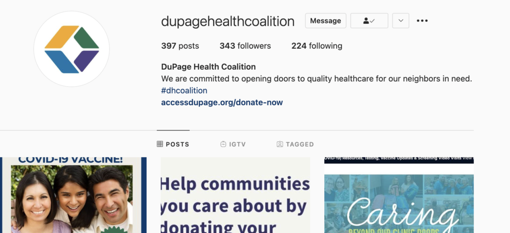 Captura de pantalla del perfil de Instagram de DuPage Health Coalition